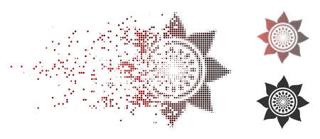 Vector sunflower flower icon in fractured, dotted halftone and undamaged solid versions. Disintegration effect uses rectangle dots and horizontal gradient from red to black.のイラスト素材