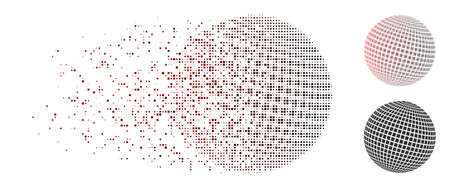 Vector square dotted abstract sphere icon in fractured, pixelated halftone and undamaged entire variants. Disintegration effect uses square particles and horizontal gradient from red to black.のイラスト素材