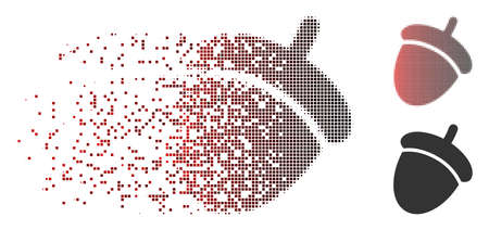 Vector acorn icon in sparkle, dotted halftone and undamaged solid variants. Disintegration effect involves rectangular dots and horizontal gradient from red to black.のイラスト素材