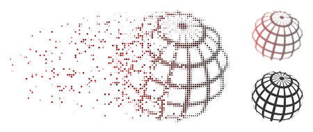 Vector abstract sphere grid icon in dispersed, dotted halftone and undamaged solid variants. Disappearing effect uses square dots and horizontal gradient from red to black.のイラスト素材
