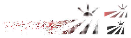 Vector field sunset icon in dissolved, dotted halftone and undamaged solid versions. Disintegration effect uses rectangle dots and horizontal gradient from red to black.のイラスト素材