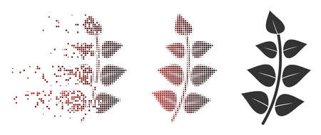Vector leaf branch icon in dissolved, pixelated halftone and undamaged solid versions. Disappearing effect uses square particles and horizontal gradient from red to black.のイラスト素材