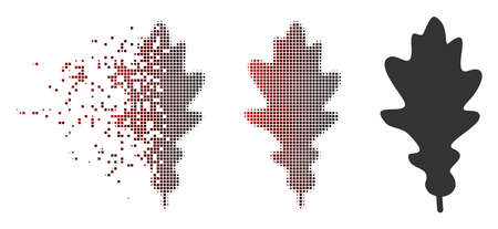Vector oak leaf icon in dispersed, pixelated halftone and undamaged whole versions. Disappearing effect involves rectangular sparks and horizontal gradient from red to black.のイラスト素材
