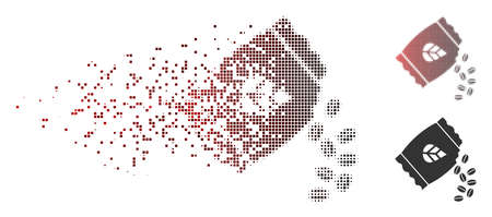 Vector sow seed pack icon in dispersed, dotted halftone and undamaged whole variants. Disappearing effect involves square particles and horizontal gradient from red to black.のイラスト素材