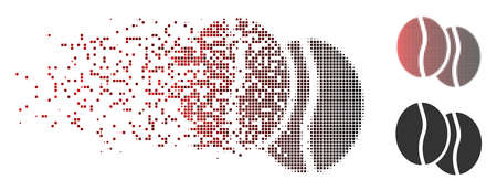 Vector coffee beans icon in dissolved, dotted halftone and undamaged whole versions. Disappearing effect involves rectangle dots and horizontal gradient from red to black.のイラスト素材