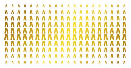 Jeans icon gold colored halftone pattern. Vector jeans objects are arranged into halftone grid with...