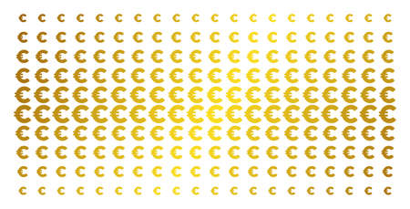 Euro icon gold colored halftone pattern. Vector Euro shapes are organized into halftone matrix with inclined golden gradient. Designed for backgrounds, covers, templates and abstract compositions.のイラスト素材
