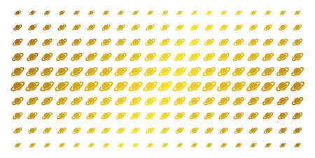 Planet Saturn icon gold colored halftone pattern. Vector planet Saturn objects are arranged into...