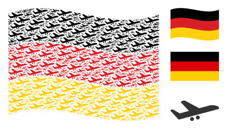 Waving German state flag. Vector aiplane design elements are arranged into mosaic German flag composition. Patriotic collage created of flat aiplane icons.のイラスト素材
