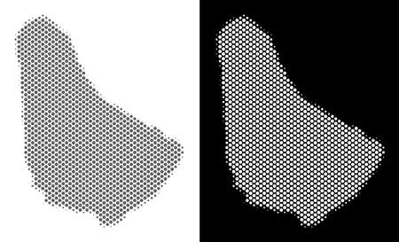 Halftone circle blot Barbados map. Vector territorial maps in grey and white colors on white and black backgrounds. Abstract concept of Barbados map constructed of circle blots.のイラスト素材