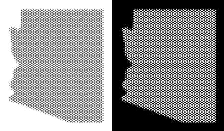 Halftone round dot Arizona State map. Vector territorial maps in gray and white colors on white and black backgrounds. Abstract pattern of Arizona State map designed of circle blots.のイラスト素材