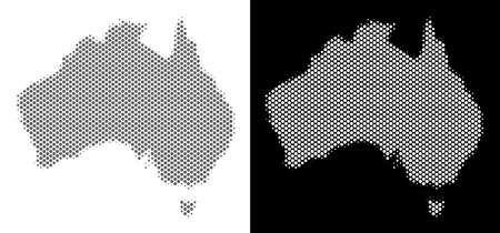 Halftone round spot Australia map. Vector territorial maps in gray and white colors on white and black backgrounds. Abstract mosaic of Australia map constructed of round elements.のイラスト素材