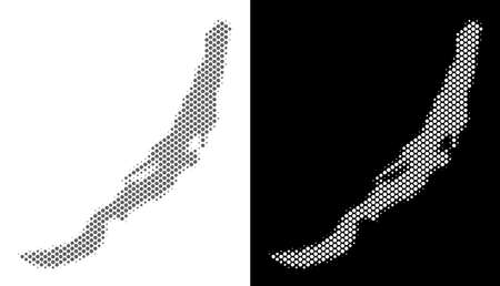 Halftone circle blot Baikal Lake map. Vector geographical maps in gray and white colors on white and black backgrounds. Abstract mosaic of Baikal Lake map designed of small circles.のイラスト素材