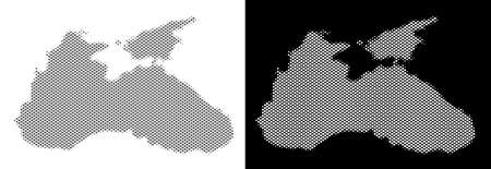 Halftone circle pixel Black Sea map. Vector geographic maps in grey and white colors on white and black backgrounds. Abstract mosaic of Black Sea map made of round pixels.のイラスト素材