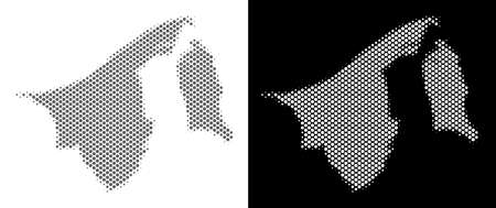 Halftone round spot Brunei map. Vector geographical maps in gray and white colors on white and black backgrounds. Abstract mosaic of Brunei map composed of round elements.のイラスト素材