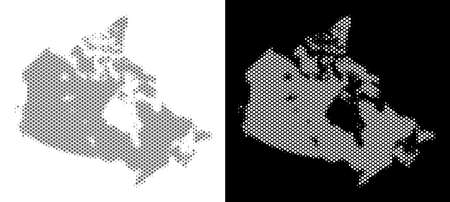 Halftone circle blot Canada map. Vector geographic maps in grey and white colors on white and black backgrounds. Abstract collage of Canada map organized of circle blots.のイラスト素材
