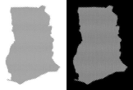 Halftone round pixel Ghana map. Vector geographic maps in gray and white colors on white and black backgrounds. Abstract composition of Ghana map designed of round dots.のイラスト素材