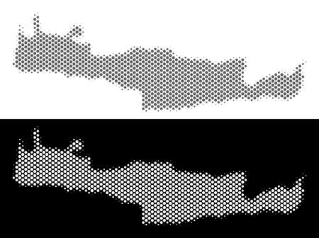 Halftone circle dot Crete Island map. Vector territory maps in gray and white colors on white and black backgrounds. Abstract mosaic of Crete Island map constructed of circle points.のイラスト素材