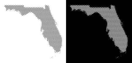 Halftone round pixel Florida map. Vector territorial maps in gray and white colors on white and black backgrounds. Abstract pattern of Florida map constructed of round elements.のイラスト素材