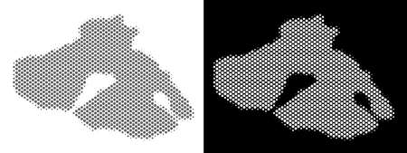 Halftone circle blot Greek Lesbos Island map. Vector geographic maps in gray and white colors on white and black backgrounds. Abstract concept of Greek Lesbos Island map designed of circle blots.のイラスト素材