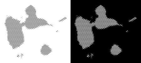 Halftone round blot Guadeloupe map. Vector territorial maps in grey and white colors on white and black backgrounds. Abstract collage of Guadeloupe map designed of small circles.のイラスト素材