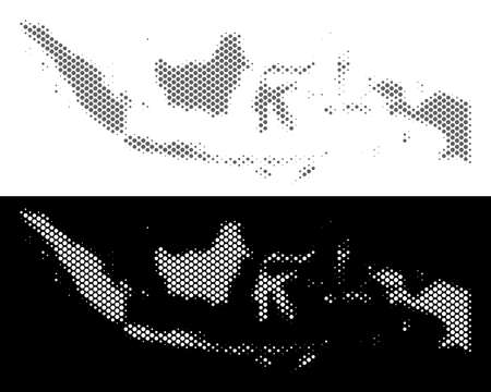 Halftone circle dot Indonesia map. Vector territorial maps in gray and white colors on white and black backgrounds. Abstract mosaic of Indonesia map constructed of circle elements.のイラスト素材