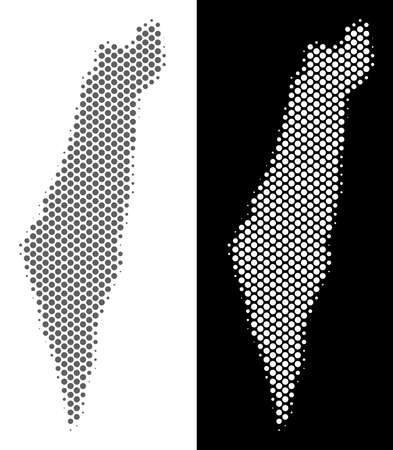 Halftone circle pixel Israel map. Vector territory maps in gray and white colors on white and black backgrounds. Abstract mosaic of Israel map composed of circle blots.のイラスト素材