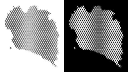 Halftone round pixel Koh Phangan Thai Island map. Vector geographical maps in grey and white colors on white and black backgrounds.のイラスト素材