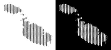 Halftone round blot Malta Island map. Vector geographic maps in gray and white colors on white and black backgrounds. Abstract mosaic of Malta Island map organized of circle blots.のイラスト素材