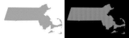Halftone round blot Massachusetts State map. Vector geographic maps in grey and white colors on white and black backgrounds. Abstract mosaic of Massachusetts State map composed of circle elements.のイラスト素材