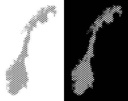 Halftone round spot Norway map. Vector geographic maps in gray and white colors on white and black backgrounds. Abstract composition of Norway map combined of circle spots.のイラスト素材