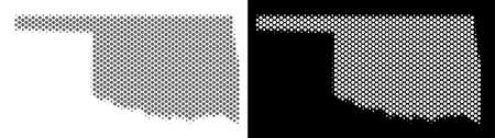 Halftone circle pixel Oklahoma State map. Vector territory maps in grey and white colors on white and black backgrounds. Abstract mosaic of Oklahoma State map designed of circle blots.のイラスト素材