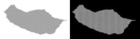 Halftone circle pixel Portugal Madeira Island map. Vector geographical maps in gray and white colors on white and black backgrounds.のイラスト素材