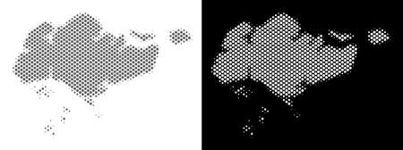 Halftone round dot Singapore map. Vector territory maps in grey and white colors on white and black backgrounds. Abstract collage of Singapore map created of circle dots.のイラスト素材