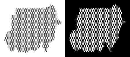 Halftone circle dot Sudan map. Vector geographical maps in gray and white colors on white and black backgrounds. Abstract mosaic of Sudan map organized of round elements.のイラスト素材