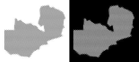 Halftone circle dot Zambia map. Vector geographical maps in gray and white colors on white and black backgrounds. Abstract concept of Zambia map created of circle blots.のイラスト素材