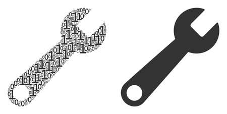Wrench collage icon of binary digits in variable sizes. Vector digit symbols are randomized into wrench mosaic design concept.のイラスト素材