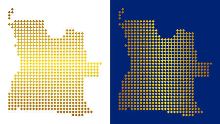 Gold dotted Angola map. Vector geographic maps in bright colors with vertical and horizontal gradients. Abstract pattern of Angola map made of rhombus pixels.のイラスト素材