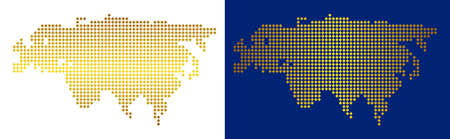 Gold rhombic Europe and Asia map. Vector geographical maps in shine colors with vertical and horizontal gradients. Abstract mosaic of Europe and Asia map made of rhombic elements.のイラスト素材