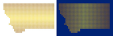 Gold Colored dotted Montana State map. Vector territory maps in bright colors with vertical and horizontal gradients. Abstract mosaic of Montana State map designed of rhombic items.のイラスト素材