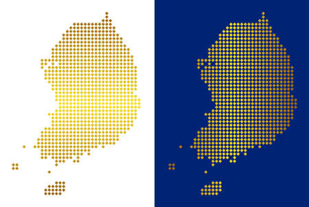 Golden dot South Korea map. Vector geographic maps in luxury colors with vertical and horizontal gradients. Abstract pattern of South Korea map done of rhombic items.のイラスト素材