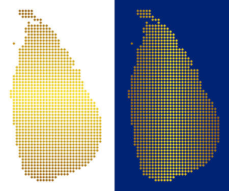 Gold dot Sri Lanka Island map. Vector geographic maps in shiny colors with vertical and horizontal gradients. Abstract composition of Sri Lanka Island map designed of rhombus pixels.のイラスト素材