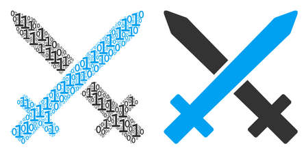 Crossing swords composition icon of zero and null digits in randomized sizes. Vector digital symbols are united into crossing swords composition design concept.のイラスト素材