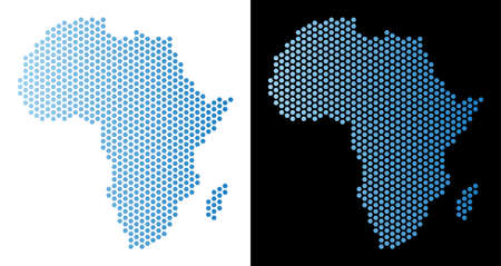 Hexagon Africa map. Vector territory plan in light blue color with horizontal gradient on white and black backgrounds. Abstract Africa map concept is designed with hex-tile blots.のイラスト素材