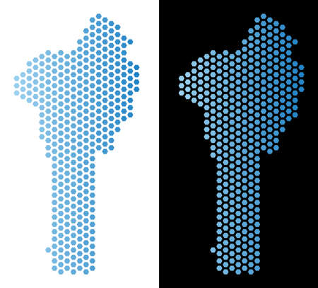 Hexagon Benin map. Vector geographic scheme in light blue color with horizontal gradient on white and black backgrounds. Abstract Benin map concept is done with hex-tile spots.のイラスト素材