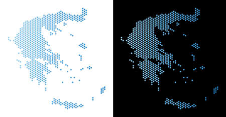 Hexagonal Greece map. Vector territory plan in light blue color with horizontal gradient on white and black backgrounds. Abstract Greece map concept is created from hex-tile spots.のイラスト素材