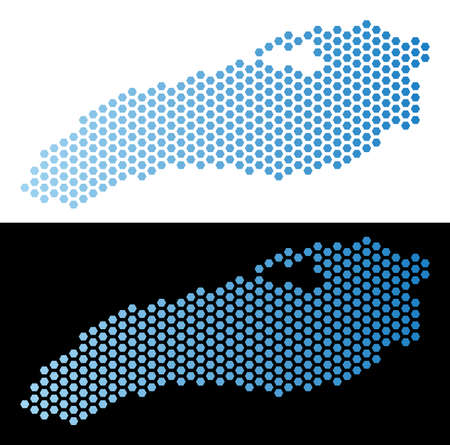 Hex-Tile Ontario Lake map. Vector geographic plan in light blue color with horizontal gradient on white and black backgrounds. Abstract Ontario Lake map composition is designed with hex-tile elements.のイラスト素材