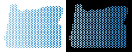 Hexagon Oregon State map. Vector territorial scheme in light blue color with horizontal gradient on white and black backgrounds. Abstract Oregon State map mosaic is done with hexagon blots.のイラスト素材