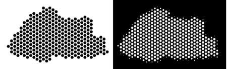 Hex-Tile Bhutan map. Vector geographic plan in black and white versions. Abstract Bhutan map composition is done with hexagon elements.のイラスト素材