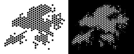 Honeycomb Hong Kong map. Vector territorial plan in black and white versions. Abstract Hong Kong map mosaic is designed with hexagonal blots.のイラスト素材
